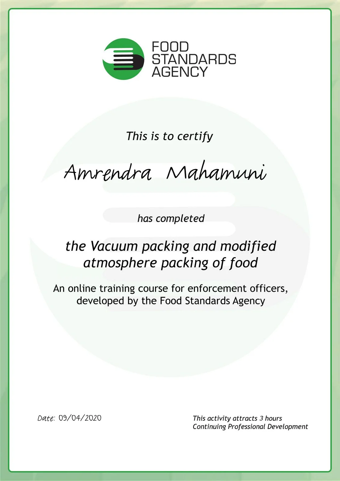 Vacuum Packing Training Certificate